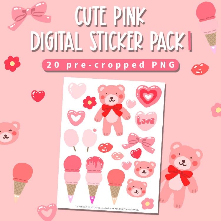 VALENTINES DAY Digital Stickers for Goodnotes, Pink Romantic Pre-cropped  Digital Planner Stickers, Bonus Stickers 