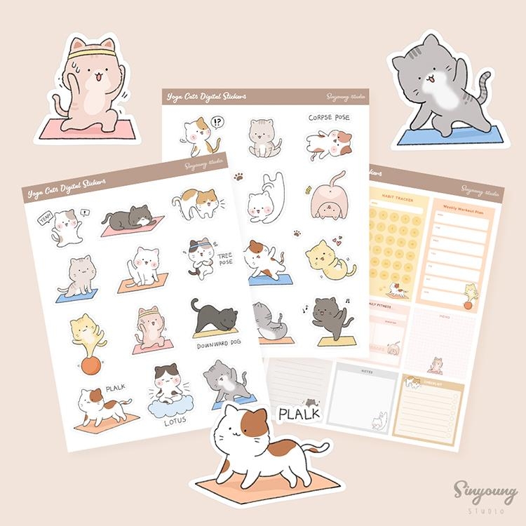 Printable Yoga Cats Stickers Digital Yoga Stickers Yoga Sticker